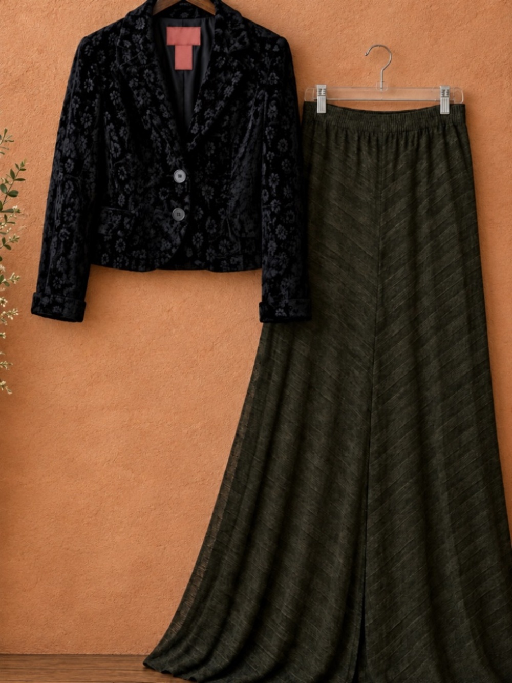 Bandolino Black Floral Velvet Blazer & Lily Rose Olive Maxi Skirt Set